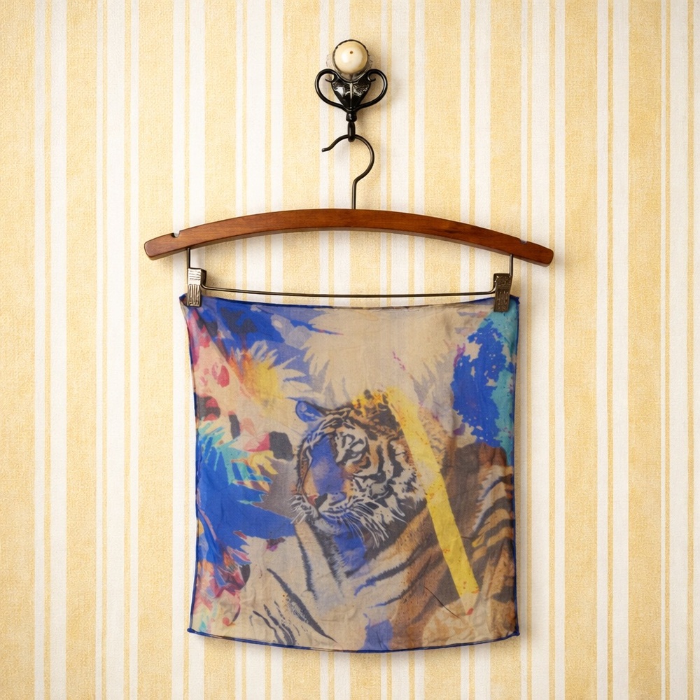 Philipp Plein Vintage silk Sheer Abstract Kerchief Scarf Pocket Tiger